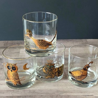 Mid Century vintage glassware, 4 Mismatched Couroc whiskey cocktail glasses, Includes  Owl, Roadrunner, King Cat, & Quail, MCM Barware 