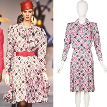 Yves Saint Laurent 1988 S/S Vintage Pink & Gray Jacquard Silk Pleated Shirt Dress Sz M 