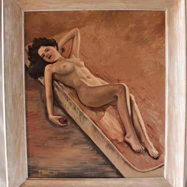 Mid century vintage  1955 signed pin up nude oil painting 