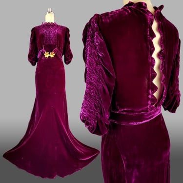 1930s Silk Velvet Dress / Rare Open Back Silk Velvet Gown / 1930s Evening Gown / 1930s Velvet Gown / Red Velvet Dress / Size Medium 