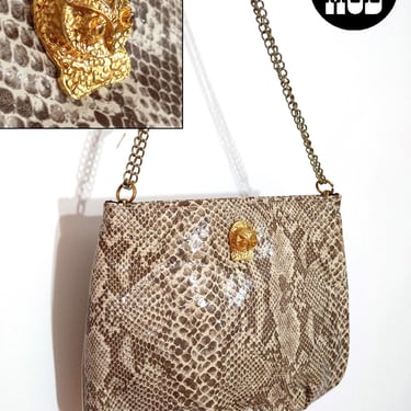 So Cute Vintage 70s 80s Vegan Snakeskin Purse with Gold Owl 