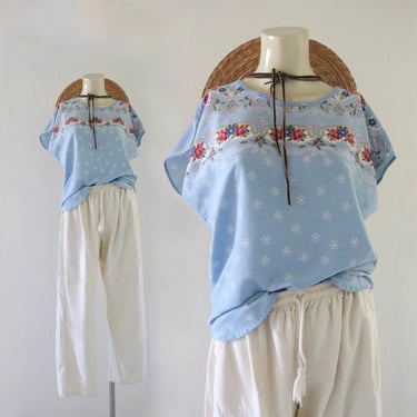 cornflower top - s - vintage 70s 80s womens size small floral short sleeve blouse shirt 