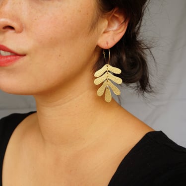 Botanical Leaf Hoop Earrings in Metallic Gold - Oak Leaf Leather Statement Earrings on 14K Gold-Plated Hoops and Hooks 