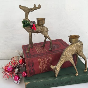 Brass Deer Candle Holders, Set Of 2, Vintage Buck And Doe, Christmas Decor, Holiday And Winter Decor, Reindeer 