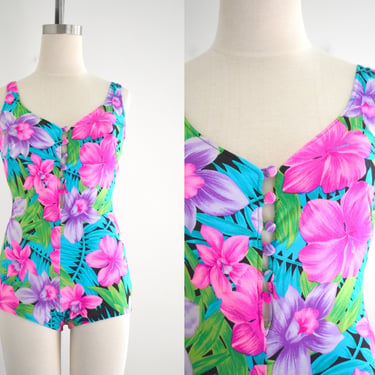 1980s Bright Floral Swim Suit 