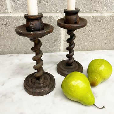 Vintage Candlestick Holders Retro 1970s Hand Carved Wood + Spiral + Dark Brown + Set of 2 Matching + Made in Spain + Home and Table Decor 