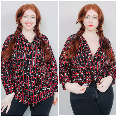 1970s Vintage Black and Red Domino Print Knit Shirt / 70s / Seventies Novelty Print Disco Poly Blouse / Size XL 