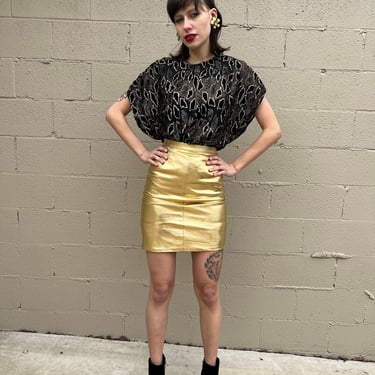 Vintage 80s Leather Metallic Gold High waist Pencil Glam mini skirt XS S Waist 