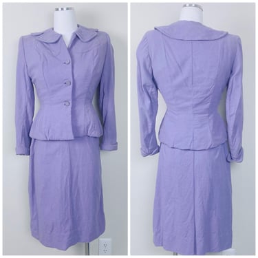 1940s Vintage Gus Mayer Lavender Wool Skirt Suit / 40s Forstmann Purple Peplum Blazer and Wiggle Skirt / Size Small 