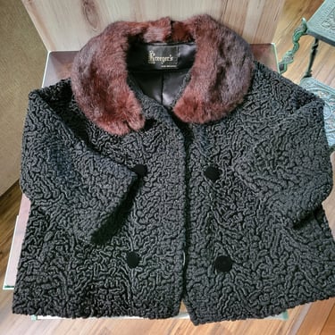 Vintage Kreegers New Orleans Curly Wool Coat with Fur Collar, Black Curly Lambswool, M/L 