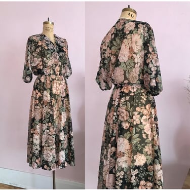 1970's Size M/L Sheer Victorian Floral Dress 