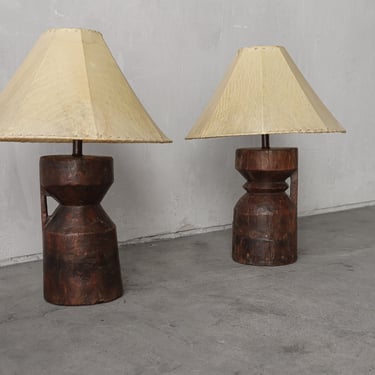 Pair of Primitive African Carved Wood Table Lamps 