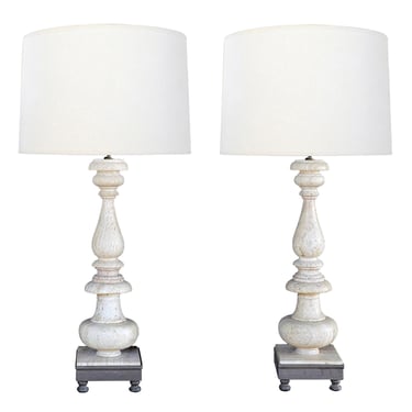 A Tall Pair of Paul Ferrante Baroque Style Travertine Baluster-form Lamps