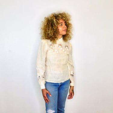 Antoinette Linen Blouse // vintage 70s crochet embroidered dress off white boho hippie 1970s hippy Victorian // S/M 