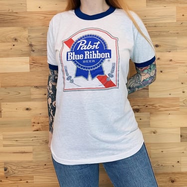 70's Pabst Blue Ribbon PBR Thin Soft Vintage Beer Brand Ringer Tee Shirt T-Shirt 