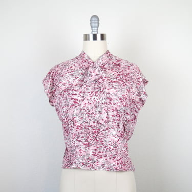 Vintage 1950s blouse medium floral pink top spring 