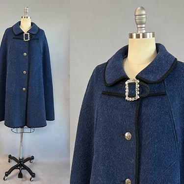 1960s Austrian Cape / Blue Wool Loden Cape / Walkloden Cape / One Size / Small Medium Large 