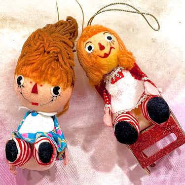 VINTAGE: 2pcs - Flocked Doll Ornaments - Raggedy Ann - Made on Japan - Holiday, Christmas, Xmas - SKU 00035072 