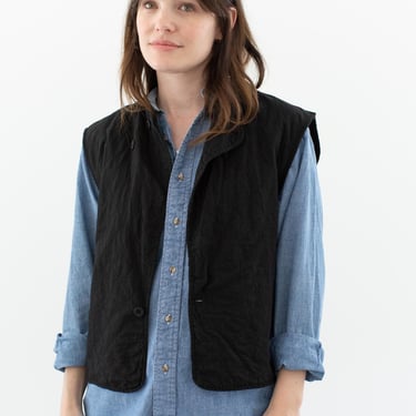 Vintage Jet Black Quilt Cotton Vest | Unisex 50s Lightweight Diamond Quilted Layer | M L | 