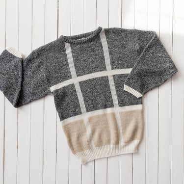 beige gray sweater | 80s 90s vintage geometric windowpane plaid dark academia grandpa sweater 