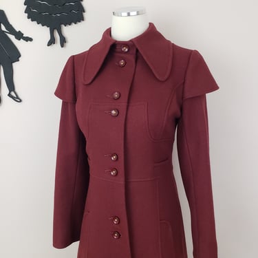 Vintage 1960's Burgundy Coat / 60s Red Long Winter Jacket XS 