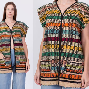 Vintage Southwest Woven Blanket Vest - Men's Medium, Women's Large | 50s 60s Striped Wool Fringe Concho Button Sleeveless Poncho Jacket 