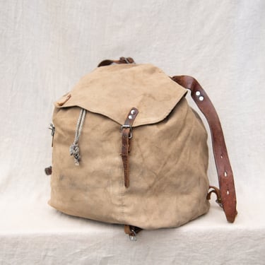 Vintage Canvas and Leather Backpack, 1950s 60s Hiking Rucksack, Distressed Canvas Bag 