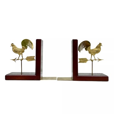 Vintage Farmhouse Rooster Weathervane Lacquered Mahogany Bookends - A Pair