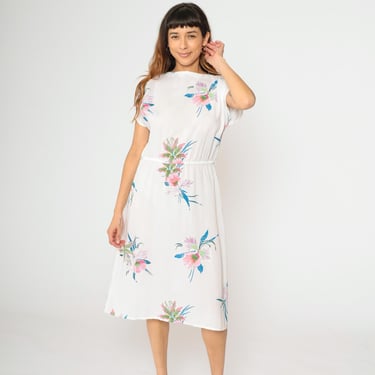 80s Tropical Floral Dress White Boatneck Midi Dress Summer Bohemian Ruched Cap Sleeve Vintage Boho High Waisted 1980s Semi-Sheer Medium 