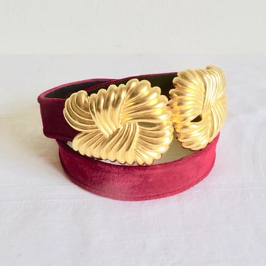 1980's Red Suede Belt with Large Matte Gold Buckle 80's Belts Renaissance Style Formal Adjustable 28
