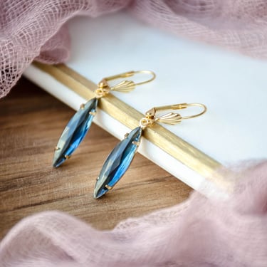 blue sapphire crystal earrings, Swarovski earrings, Regency Art Deco marquise dangle drop earrings, gift for her, September birthstone 