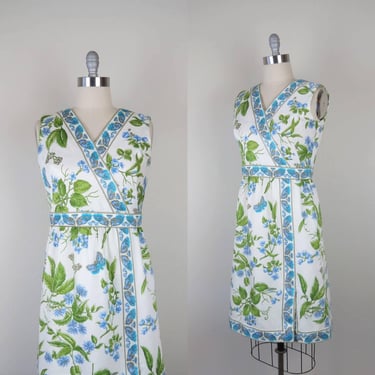 Vintage 1960s floral cotton dress, moth novelty print, botanical, sheath, s-m 