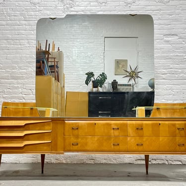 ITALIAN Mid Century MODERN Maple Long DRESSER / Vanity + Large Mirror, c. 1960's 