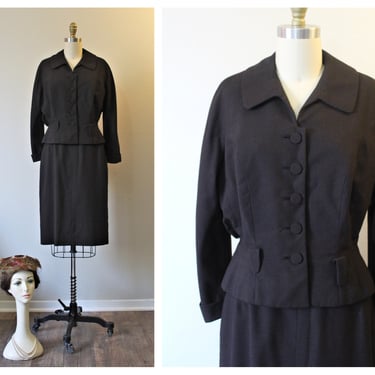Vintage 40s 50s Joseph Magnin Nob Hill SF Brown Gabardine Suit 2 PC Jacket & Skirt Peplum Wasp // Modern Size US 4 6 Small 