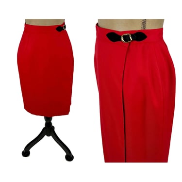 80s Red Midi Wrap Skirt with Buckle  . 27 inch High Waist Pencil Skirt Small . 1980s Clothes Women . Vintage Clothing from THE EAGLES EYE 