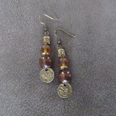 Buddha earrings, orange frosted glass and bronze earrings 