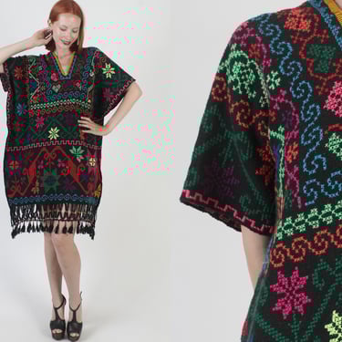 Black Mexican Caftan, Hand Embroidered Dress, Vintage Beach Cover Up, Oaxacan Fringe Sundress 