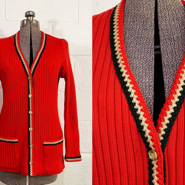 Vintage Red Cardigan Sweater Button Front V-Neck Jumper Act III Ribbed Long Sleeved 1960s 1970s Unisex Cozy Hygge Boho Large 