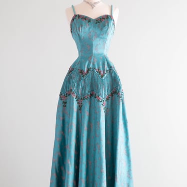 Stunning 1950's Beaded Floral Brocade Ballgown / Small