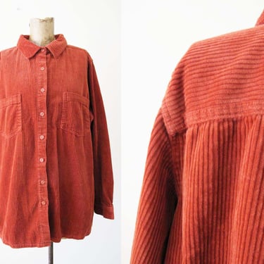 Vintage 90s Corduroy Button Up L XL  - 1990s Rust Orange Earthtone Chunky Wild Wale Collared Cord Shirt - Baggy 