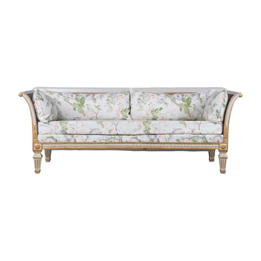 Antique French Louis XVI Neoclassical Style Painted Cane Back Loveseat W/ Floral Linen 