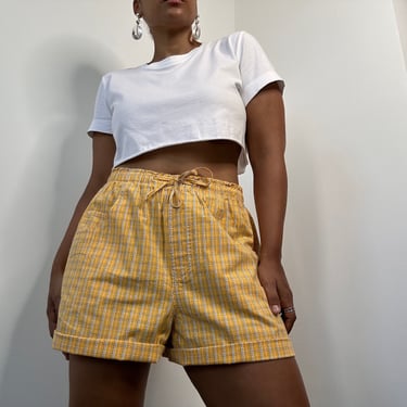 90s Yellow Plaid Shorts | Cotton Plaid Culottes | Vintage Yellow Drawstring Shorts | Large 