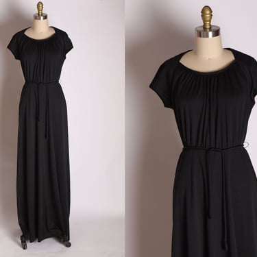 1970s Black Short Sleeve Full Length Peasant Style Dress by Wimzee by Mr. Fine -M 