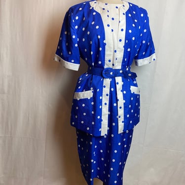 VTG 80’s vibrant blue & white polkadot dress set~ incl dress jacket and belt~ plus size 14 volup retro pop of color 