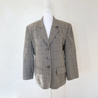 80s Plaid Brown and Cream Wool Pendleton Blazer with Tortoiseshell Buttons | Medium/Large 