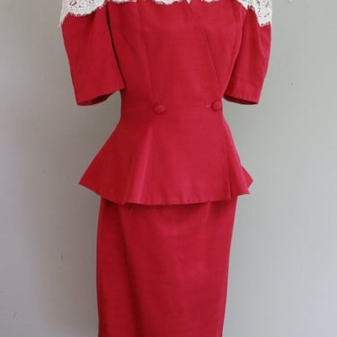 1980s- Bright Red- Cranberry - by  Watters Watters -  Party Dress- Size Medium 8 
