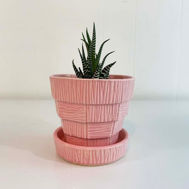 Vintage McCoy Basketweave Powder Pink Planter Brush Attached Saucer Mid-Century Pottery Pot 1950s 