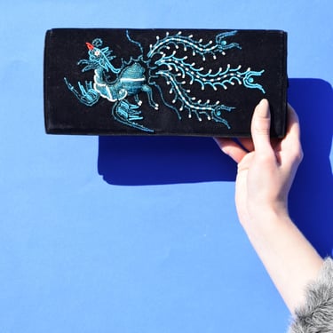 BEADED BIRD Velveteen Vintage Clutch Purse 