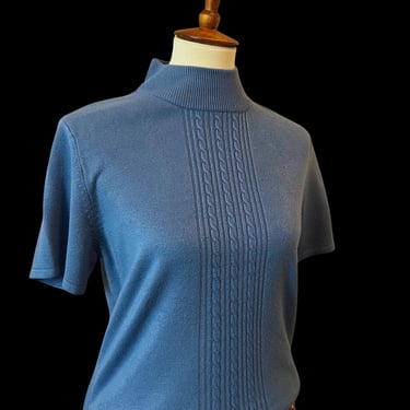 Vintage Baby Blue Knit Mock Neck - Short Sleeved, Size Medium 