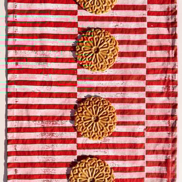 stripe on red. hand block printed table runner. linen tablecloth. boho christmas decor. holiday party. hostess gift. midcentury modern. 